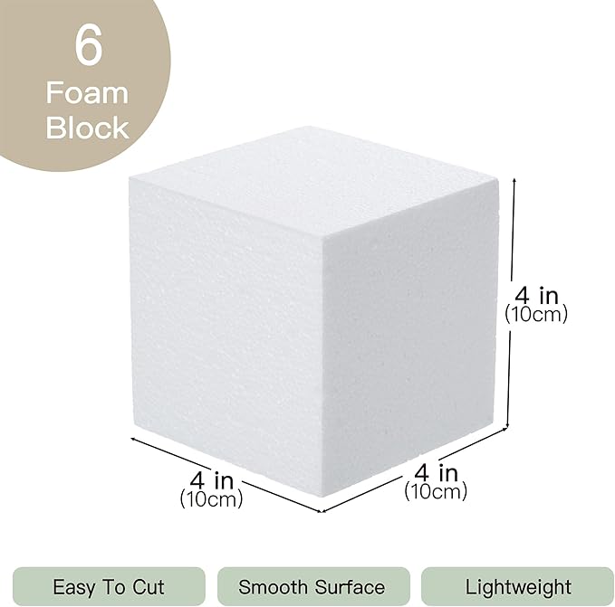 Crafare 4x4x4inch Square Foam Blocks 6 Pack Polystyrene Foam Cubes for Craft Arts School Projects Sculptures Floral Arrangements Modeling and Centerpieces