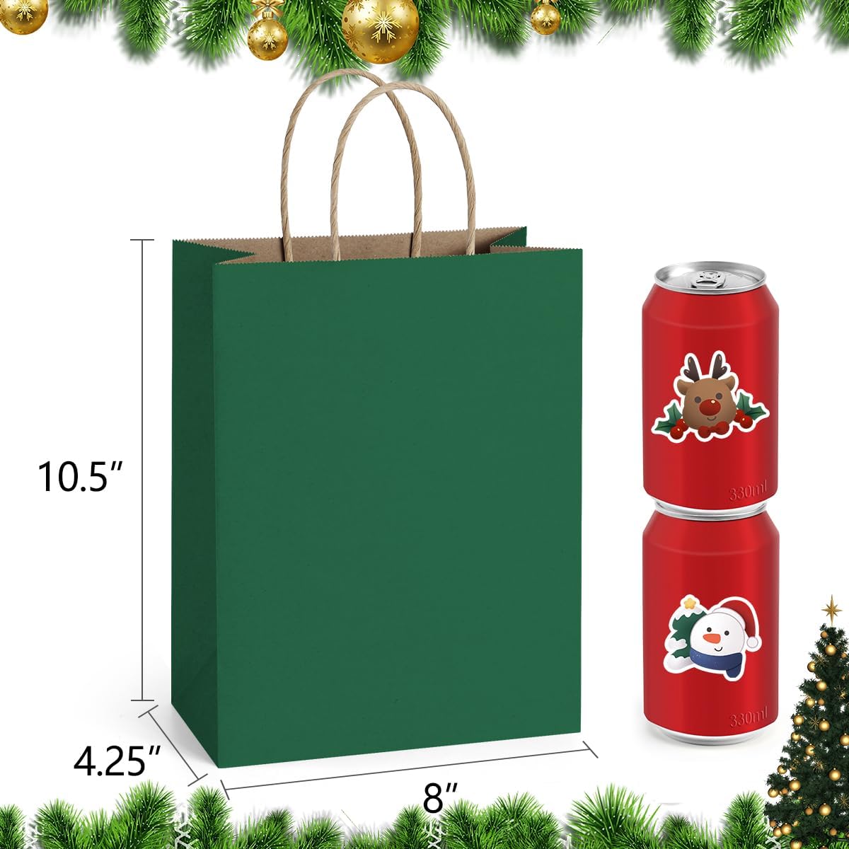 BagDream Forest Green Gift Bags with Handles 8x4.25x10.5 Inch 25Pcs Medium Kraft Paper Bags for Christmas, Thanksgiving, Craft, Party Favors, Retail, Grocery, Recyclable Paper Sacks