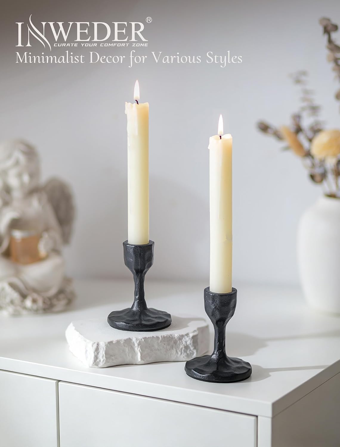 Black Candlestick Holders Antique: Cast Iron Taper Candle Holder Handcrafted Vintage Candle Sticks Holder Rustic Decor for Dinning Table Mantel Home Party Halloween Set of 2