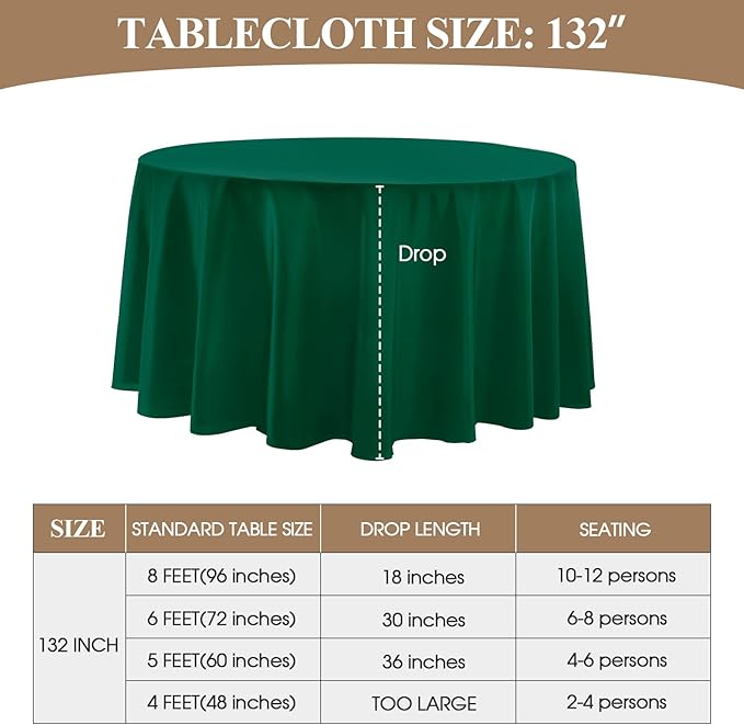 Round Tablecloth 132 Inch 6 Pack Dark Green Tablecloths Washable Decorative Linen Polyester Table Clothes Cover for Dining Table Banquets Buffet Parties and Wedding