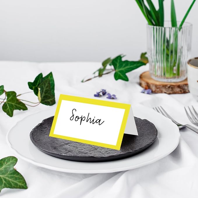 25 Pack Yellow Border Place Cards, Editable Name Cards for Table Setting, Tent Cards Food Label for Dinner Party, Bridal Shower, Wedding, Baby Shower and Events -T26