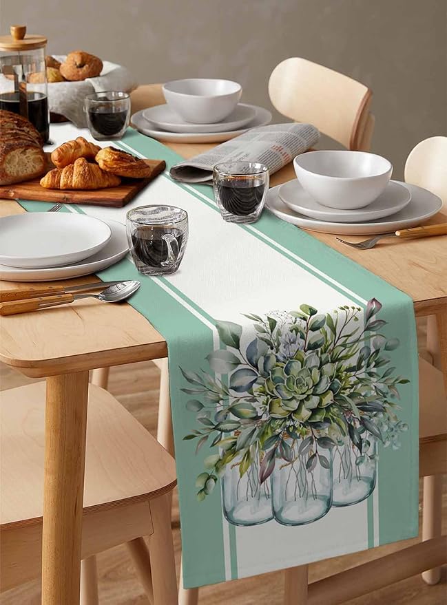 Eucalyptus Cotton Linen Table Runner for Dining Kitchen, Wedding Outdoor Party Tablerunners Decoration, Green Leaves Botanical Plants Watercolor Dresser Scarf Coffee Tablecloth Runners 13x36 Inches