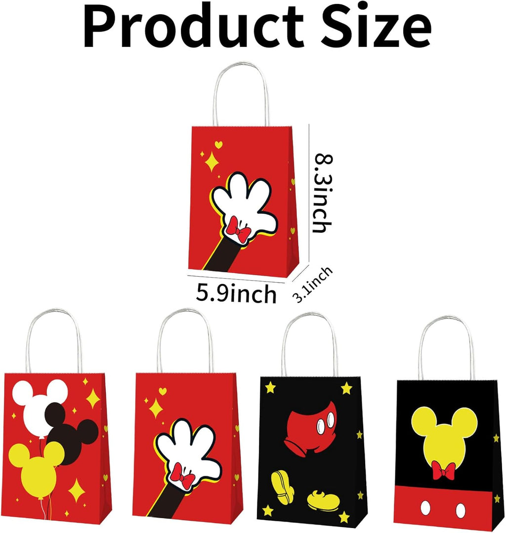 EBWHOLE 12 Pcs Cute Mouse Party Favor Bags, Cartoon Birthday Party Supplies Including 4 Patterns Double Sided Printed Candy Goodie Treat Bags with Handl (A)