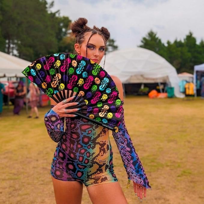 Kandies World UV Reactive Custom Festival Folding Hand Fan - Unique Designs, Made of Bamboo, Clacking Sound, Lightweight - Perfect Rave and Festival Accessory!
