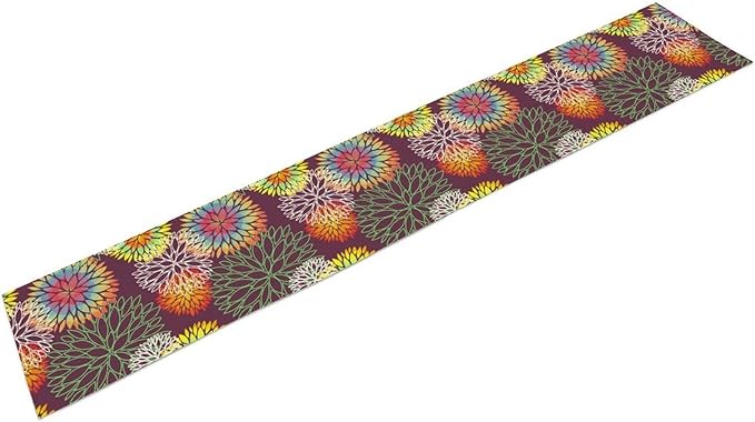 Brown Dahlia Flower Table Runner, Linen Geometric Pattern Floral Table Decor Spring Farmhouse Decorations for Kitchen Dining Holiday Party Decor, 13x36 Inch