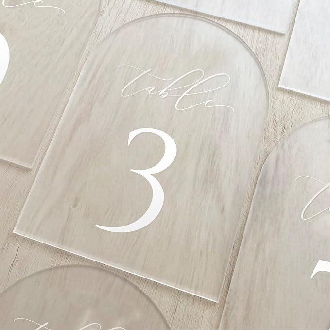JINMURY Frosted Arch Table Numbers for Wedding, 5x7 Inch Acrylic Table Numbers 1-25 with Stands, Frosted Acrylic Arch Tabletop Sign with Holder for Centerpiece, Reception, Wedding, Party, Event
