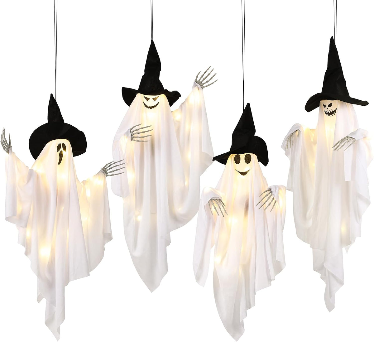 Dusk&Decorum 4 Pack Lighted Hanging Ghost Halloween Decorations with Witc...