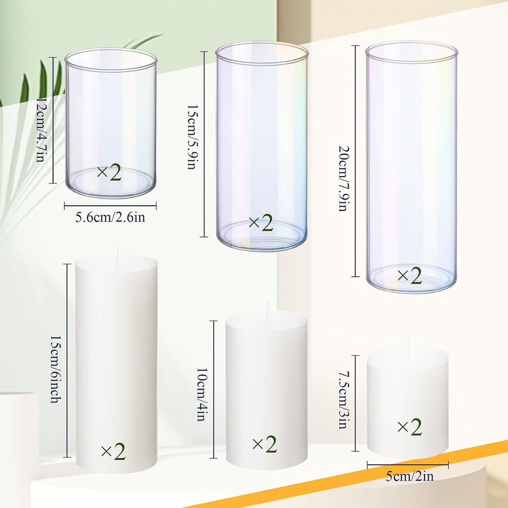 Shihanee Set of 6 Pillar Candles and Glass Cylinder Vases Clear Cylinder CandleHolders for Slim Tall Pillar Candles Wedding Centerpieces (2.8'' X 4.7", 5.9", 7.9",Iridescent)
