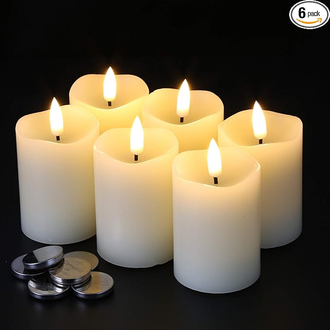 Eywamage Timer Flameless Votive Candles 2 inch x 3 inch , Flickering Small LED Pillar Candles Batteries Included, Ivory Christmas Home Decor 6 Pack with 5 hours timer