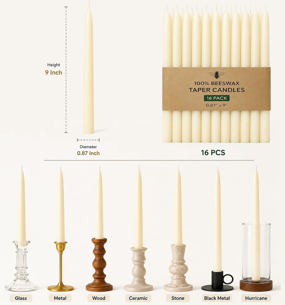 Beeswax Taper Candles 16 Packs, Unscented Ivory Candle Sticks