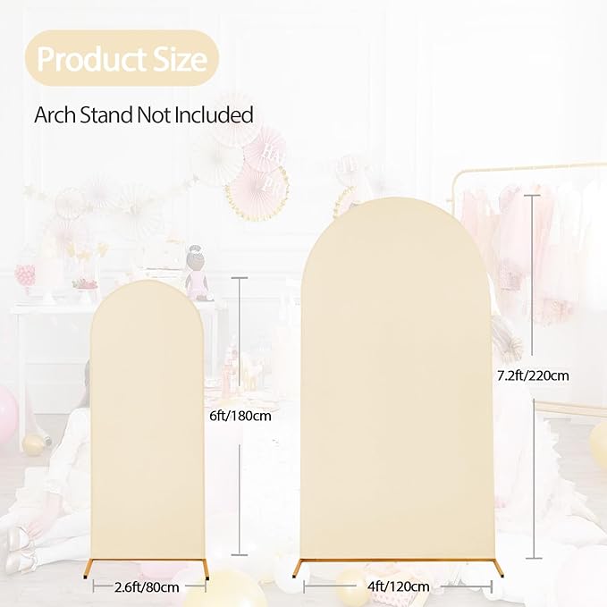 WEERRW Beige Arch Backdrop Cover Set of 2 Spandex Fitted Round Top Chiara Backdrop Stand Stretchy Wedding Covering for Event Birthday Party Banquet Decoration (6FT, 7.2FT)