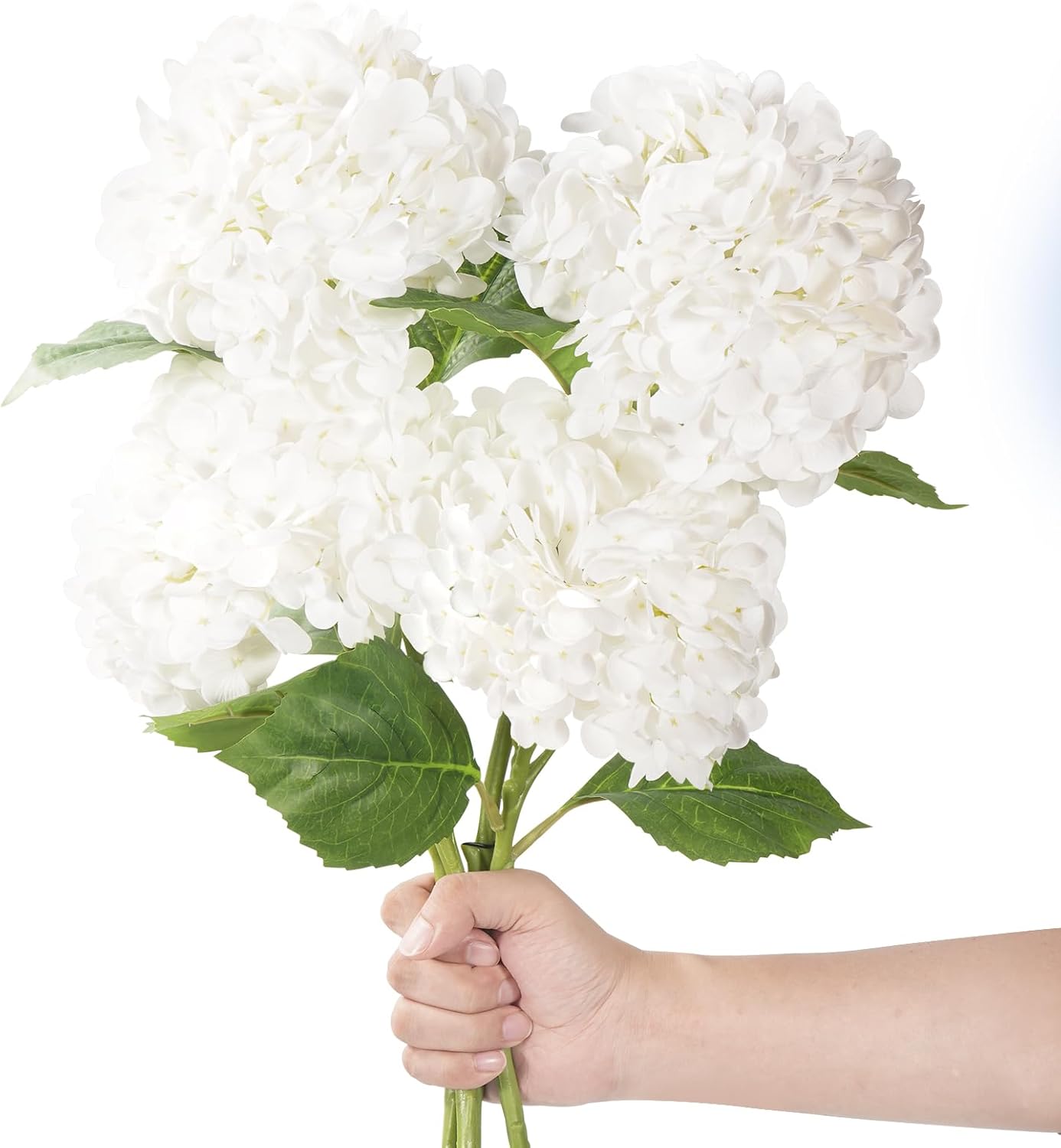 20" 4Pcs White Faux Hydrangea Flowers Real Touch Fake Hydrangeas Bouquet Hydrangea Artificial Flowers with Leaves Stems for Centerpiece Arrangements Wedding Party Home Décor