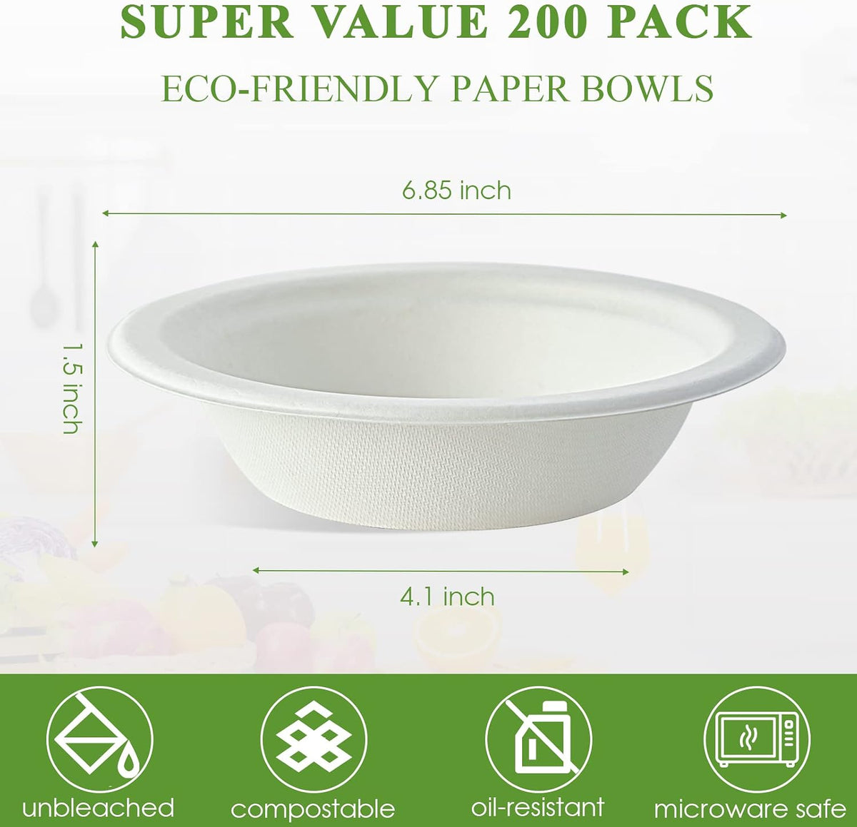 Vplus 200 Pack 16 OZ Compostable Paper Bowls, Bagasse Bowls，White