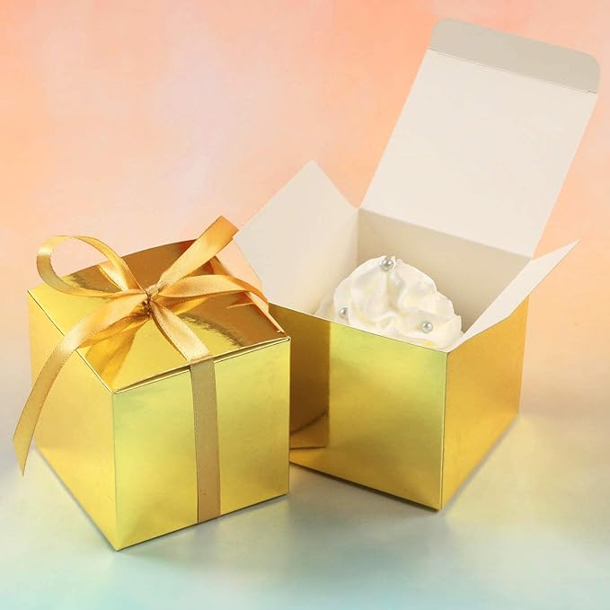 COTOPHER 25pcs Wedding Favor Boxes, Paper Gift Boxes 3x3x3 Inches Small Gift Boxes with Ribbons Small Boxes for Gifts, Crafting, Cupcake, Candy, Bridesmaid Proposal Boxes