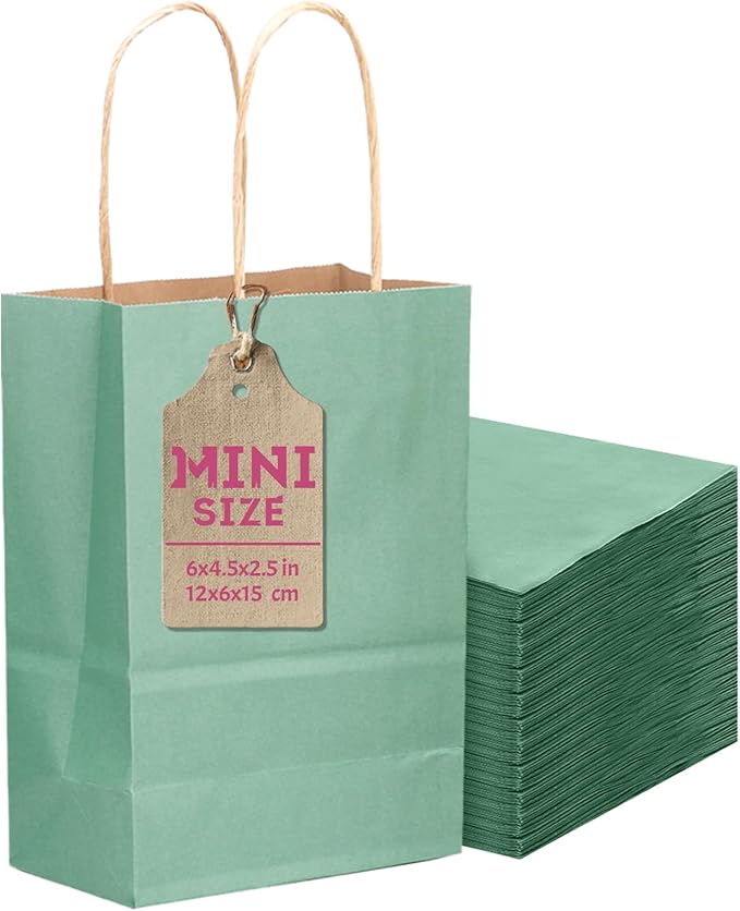 qiqee 24 Pcs Light Blue Mini Paper Gift Bags with Handles 6"x4.5"x2.5" Small Brown Kraft Party Favor Bags Treat Bags Multiple Uses (Mini size)
