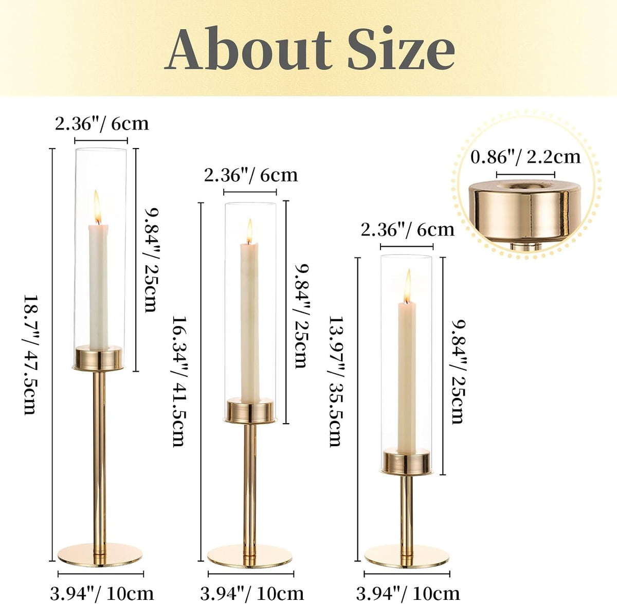 Hewory Gold Candlestick Holders: 6PCS Cylinder Glass Hurricane for Tapers