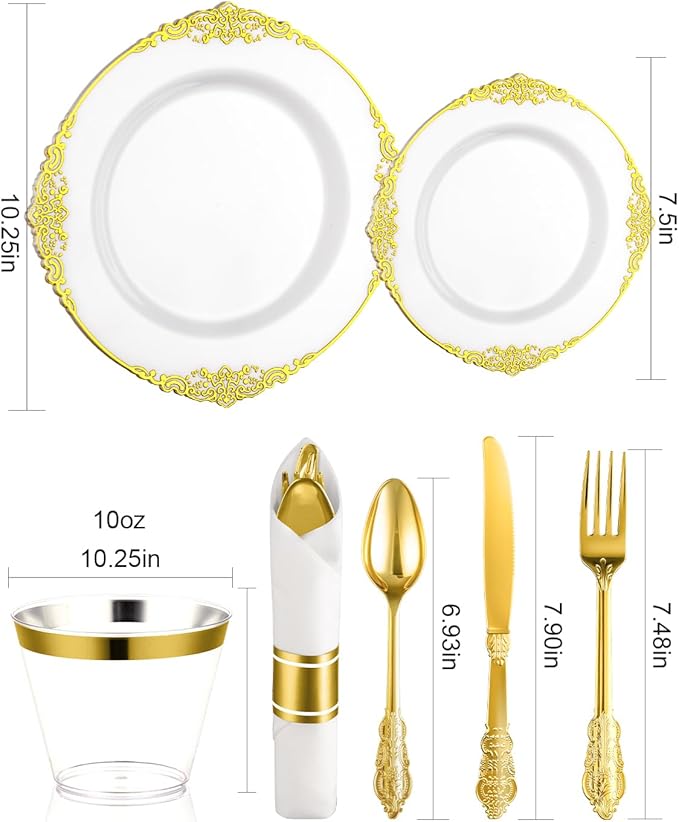 Goodluck 350 Piece Gold Plastic Dinnerware Set for 50 Guests, Fancy Disposable Plates, Include: 100 Gold Rim Plastic Plates, 150 Silverwares, 50 Pre Rolled Napkins, 50 Cups for Party, Wedding