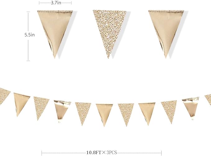 30Ft Champagne Gold Party Decorations Triangle Pennant Banner Gold Hanging Paper Flag Bunting for Graduation Wedding Birthday Bridal Shower Bachelorette Engagement Anniversary Hen Party Supplies