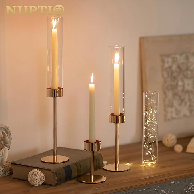 NUPTIO Candle Stick Holder for Wedding: 18 Pcs Tall Hurricane Gold Candles Holder with Clear Glass Chimney Cover - Tapered Candlestick Decor Bulk for Party Centerpiece