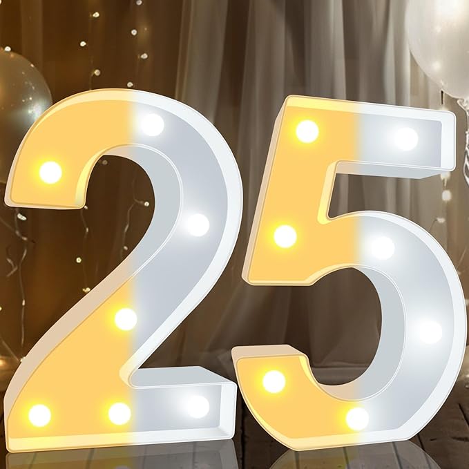 Pooqla 25th Birthday Decoration for Her Him, Decorative LED Light Up Numbers, Marquee Numbers 25 Sign for Party Backdrop 25th Wedding Anniversary Decor, Warm White and Cool White Number 25