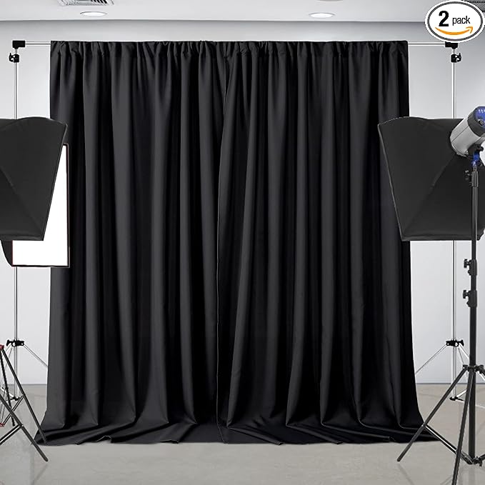 Joydeco Black Backdrop Curtains for Parties, 10x10 Wrinkle Free Black Backdrop Drapes for Birthday Party Home Party, Curtains Backdrop 5ft x 10ft 2 Panels with Rod Pockets
