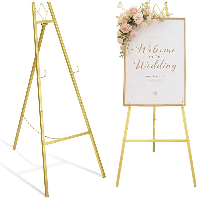 GRENTY 46.7" Gold Easel Stand for Wedding Signs – No Assembly Needed, Heavy Duty Metal Display Stand for Art, Welcome Signs, Posters, Pictures, Paintings, and Floor Décor