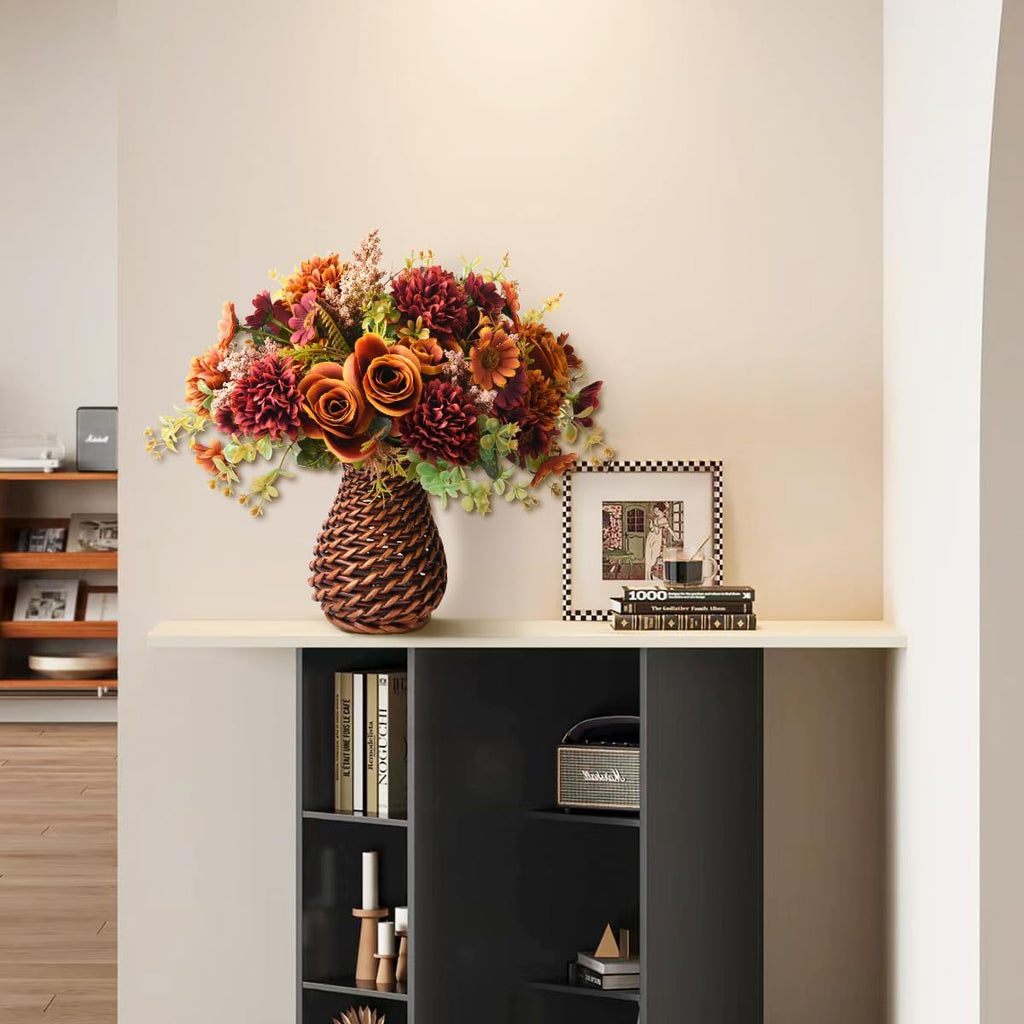 fall artificial faux flowers in vase fake silk, side view