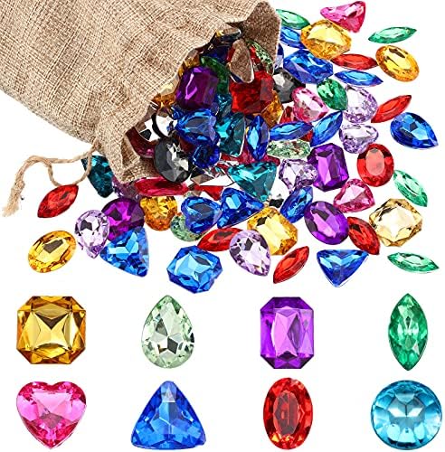 100 Pieces Toy Gems Pirate Treasure Jewels Fake Acrylic Gems Multicolor Bling Diamonds Plastic Gemstones with a Drawstring Bag for Party Table Decorations Sensory Bin Filler Pirate Party Favors