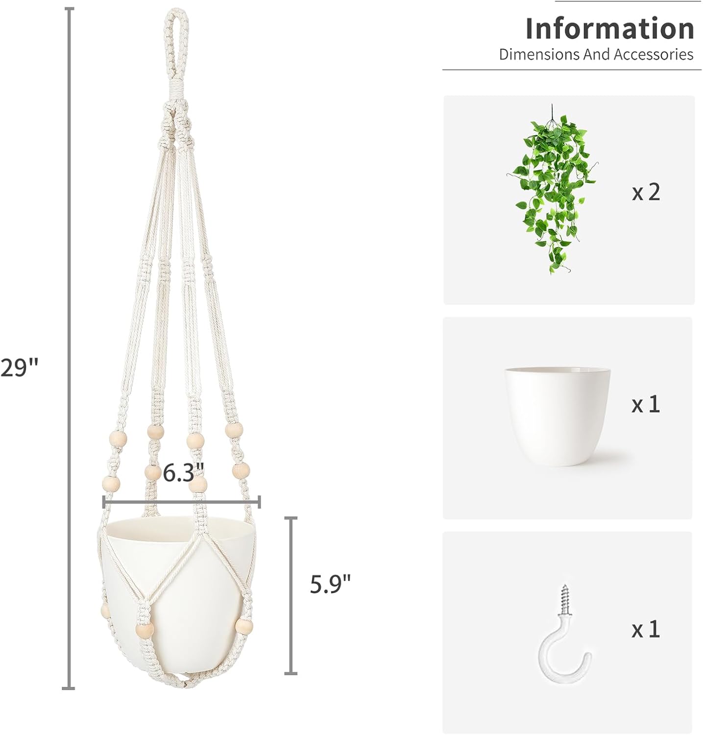 Mkono Fake Hanging Plant with Pot, Artificial Plants for Home Decor Indoor Macrame Plant Hanger with Fake Vines Greenery for Bedroom Bathroom Kitchen Office Decor, Ivory (Pothos)