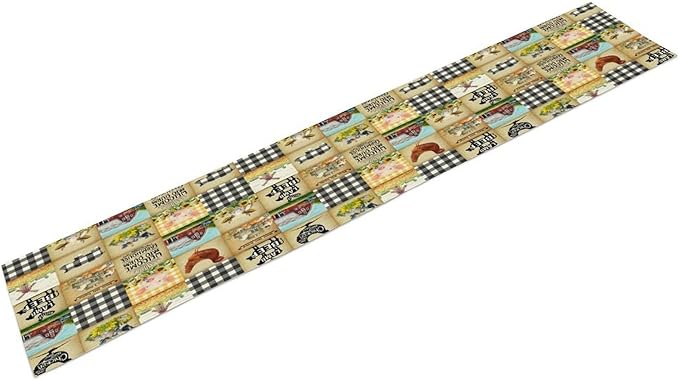 Farmhouse Animals Table Runner,Rustic Cabin Pig Chicken Cow Sunflowers Geometric Grids Burlap for Hotel Indoors Outdoor Dining Room Kitchen Holiday Party, 13x36in