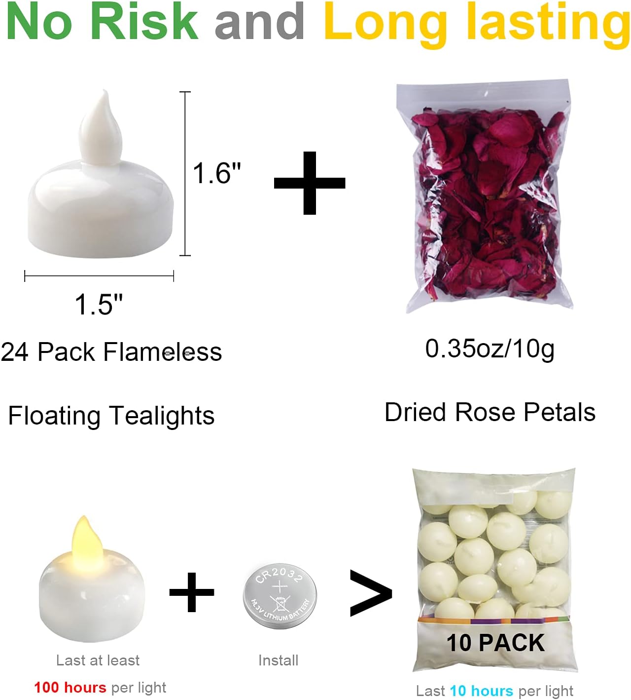 Homemory 24 Pack Waterproof Flameless Floating Tealights with Dried Rose Petals, Warm White Battery Flickering LED Tea Lights Candles - Wedding, Party, Centerpiece, Pool & SPA