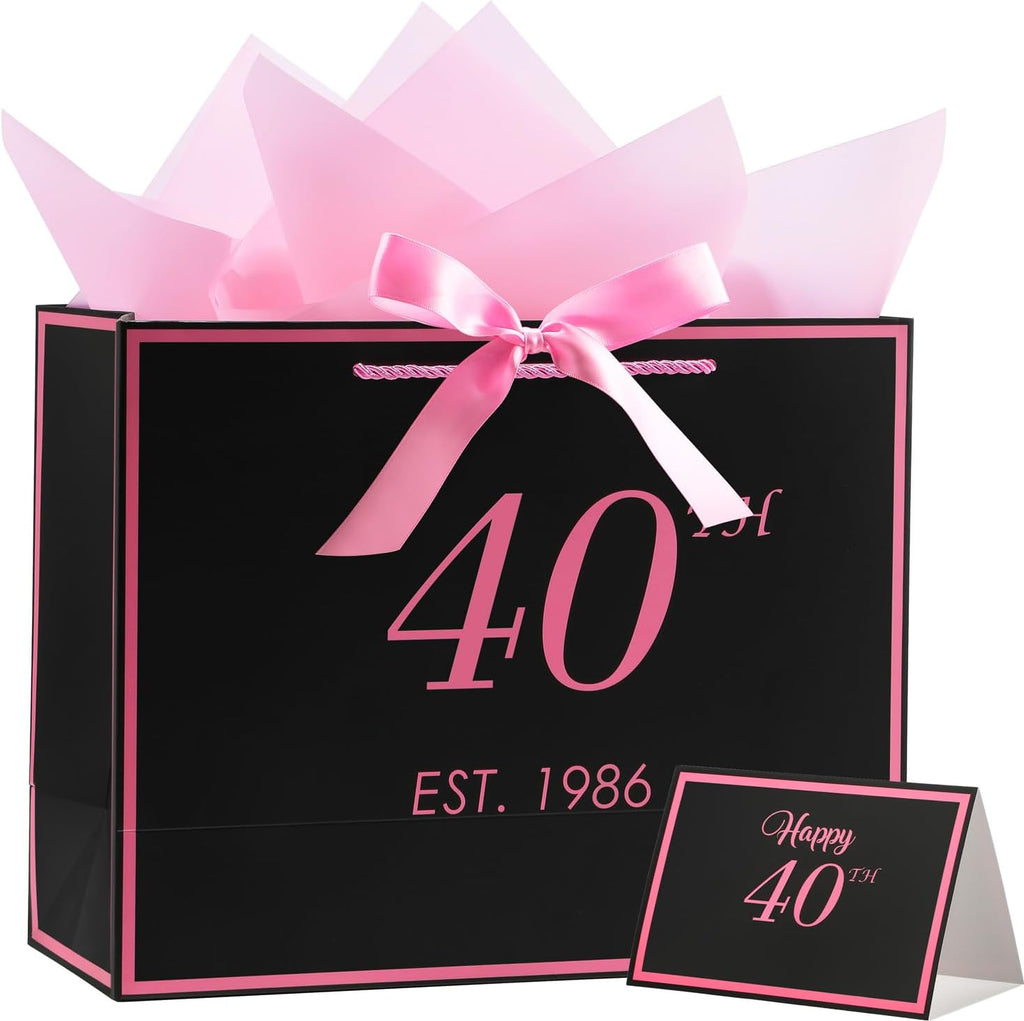 40th Birthday Gift Bag with Card and Tissue Paper for Women Her, 1986 40 Year Old 13" Elegant Black & Pink Anniversary Keepsake Party Present Shopping Paper Bags for Gifts Wrapping (1986 40th)