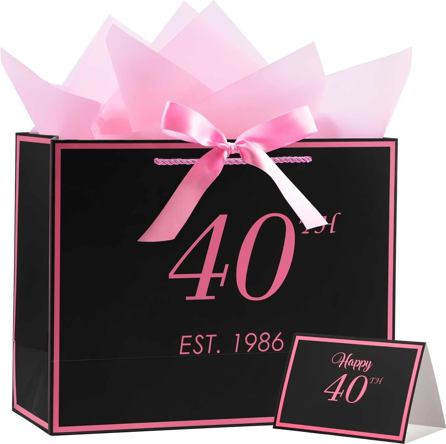40th Birthday Gift Bag with Card and Tissue Paper for Women Her, 1986 40 Year Old 13" Elegant Black & Pink Anniversary Keepsake Party Present Shopping Paper Bags for Gifts Wrapping (1986 40th)