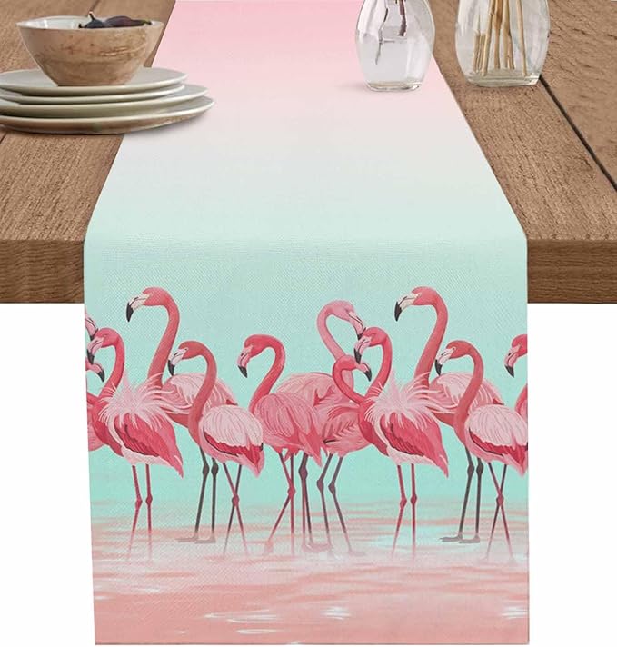 Tropical Flamingo Cotton Linen Table Runner for Dining Kitchen, Wedding Outdoor Party Tablerunners Decoration, Pink Bird Coastal Nautical Animal Dresser Scarf Coffee Tablecloth Runners 13x120 Inches