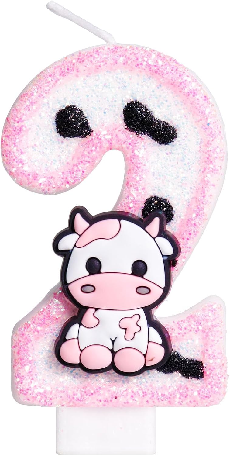 Pink Cow Glitter Birthday Candles Number 2 Birthday Decorations, 2 Year Old Birthday Decorations, Number 2 Candle for Cake, Cowgirl Theme Number Candle for Girls 2nd Birthday Party Décor