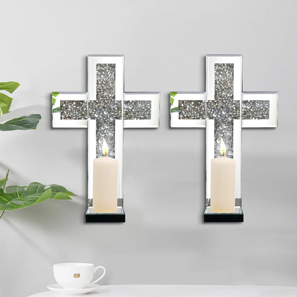 Aeveco Crystal Crush Diamond Mirrored Candle Sconces, Silver Wall Candle Holder Set of 2, Wall Decoration for Living Room，Dining Room (Silver Cross)