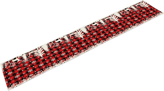 Christmas Table Runner,Red Black Plaid Xmas Snowflakes Deer Trees Print Tablecloth Burlap for Hotel Indoors Outdoor Dining Room Kitchen Home Decor,W13X L70 in