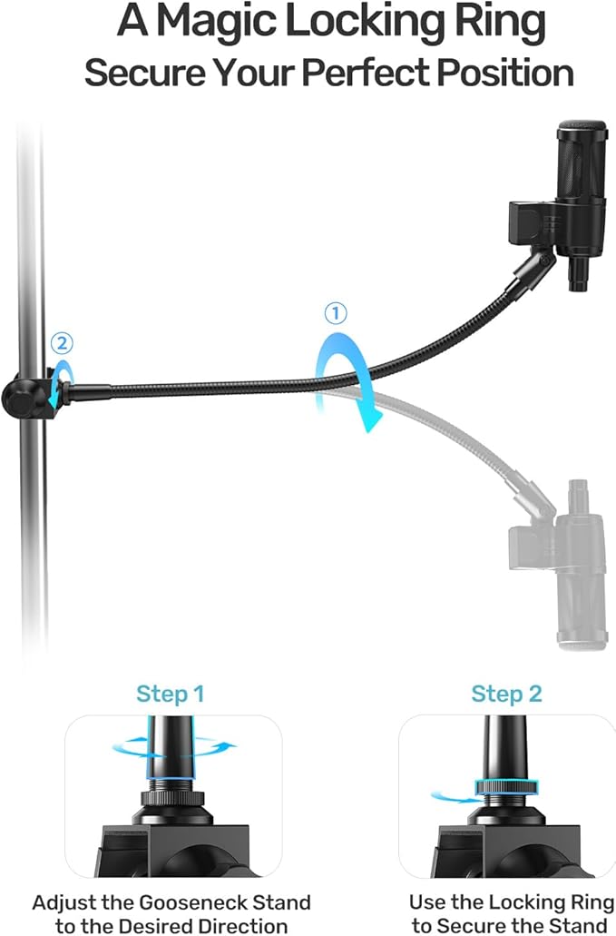 19-inch Gooseneck Microphone Holder Stand, Flexible Mic Arm with Super Crab Clamp for Mic Stand/Desk/Rod/Pole/Stick/Shelf/Tube Clamping, Ideal for Music Stand, Piano, Drum Recording