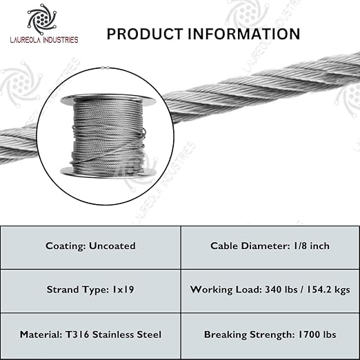 Laureola 1/8" Type-1x19 Grade-316 Stainless Steel Cable Railing Wire Rope - 250ft