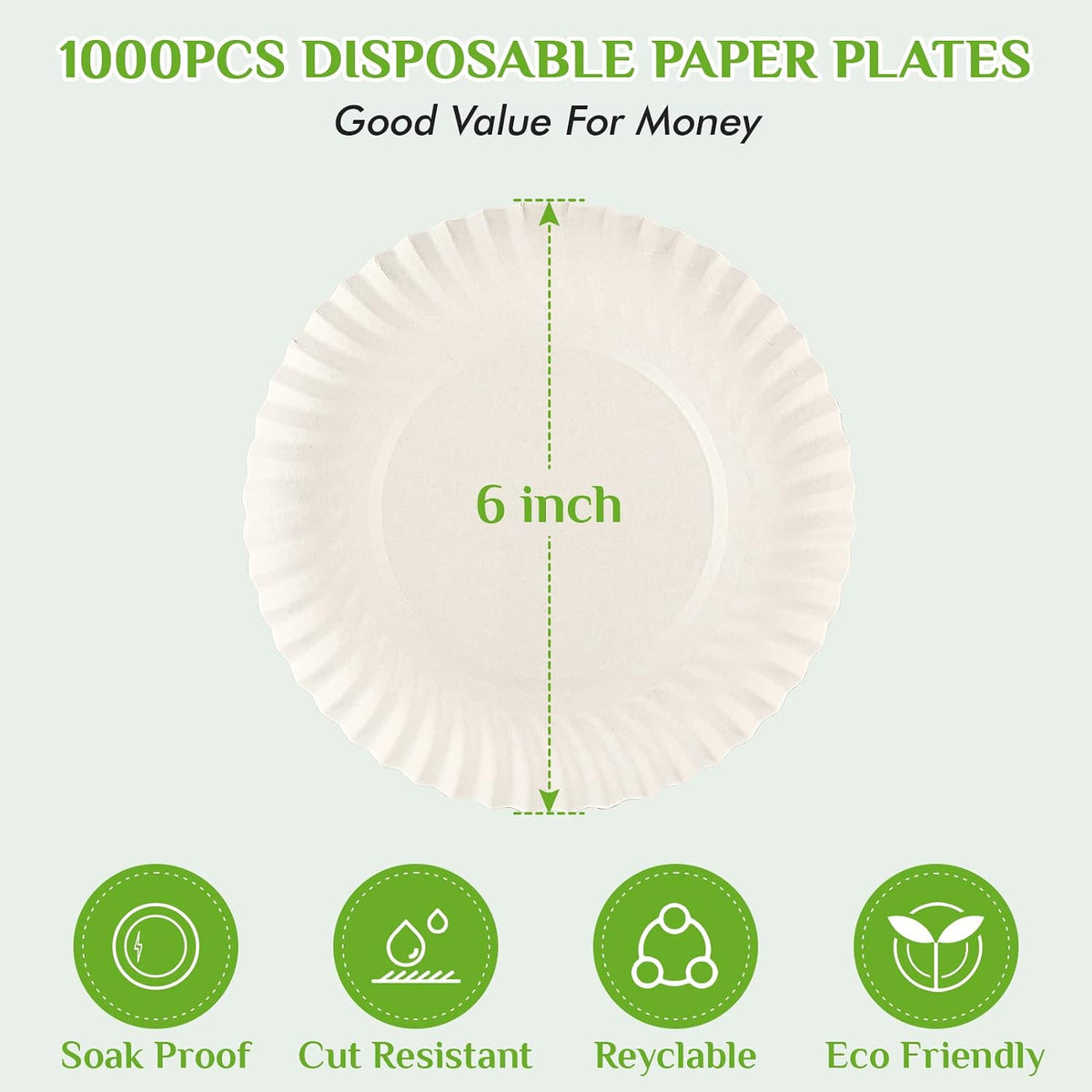 FOCUSLINE 6 Inch Paper Plates 1000 Count, White Small Plates Uncoated