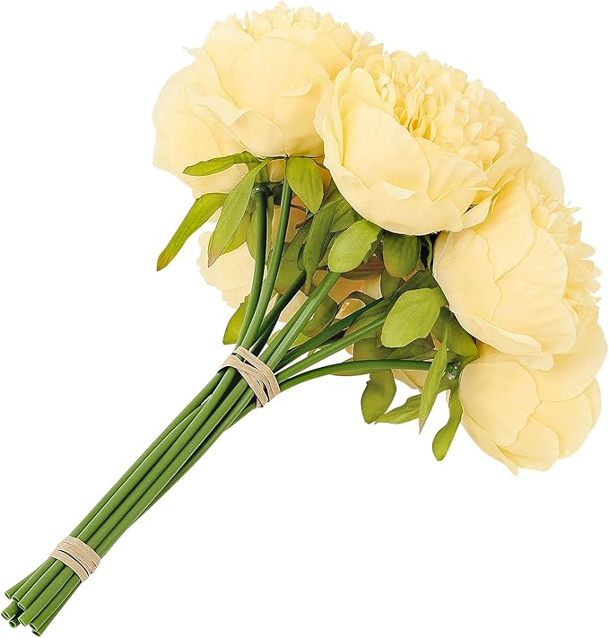 U'Artlines 10 Heads Artificial Peony Silk Flower Leaf Home Office Wedding Party Festival Bar Decor (Yellow)