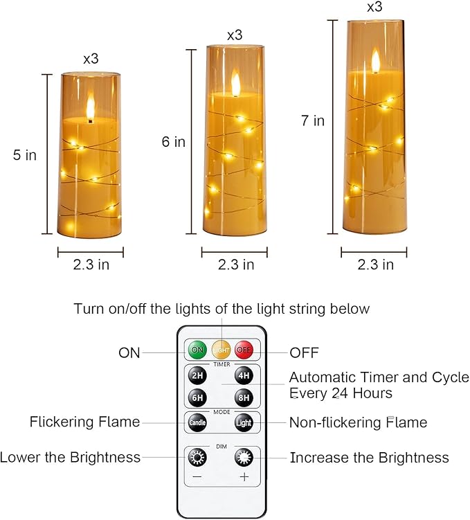 Raycare Flameless Candle with Remote Timer – 9 Flickering Acrylic Battery Operated LED Pillar Candles with Embedded Star String for Halloween, Home Decor, and as a Gift(Glod)