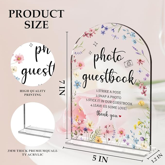 Wedding Sign Decor, Photo Guest Book Sign, Wedding Sign for Reception & Event Party, Bridal Shower Decorations, Wedding Table Sign Accessories for Event 5x7 Inch Arch Acrylic (Flower)