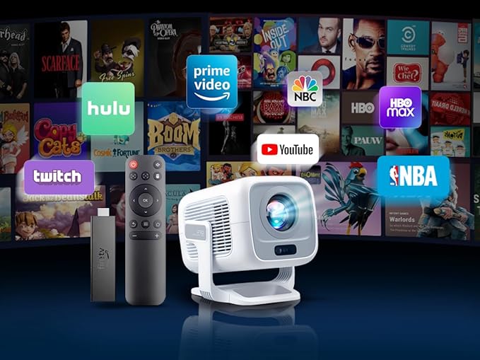 WEMI Native 1080P Smart Mini Projector with WiFi 6 Bluetooth 5.4, Full HD 4K Support Auto Focus&Keystone, Built-in Stereo Speakers Android OS, Portable Movie Projector for iPhone Netflix Home Theater