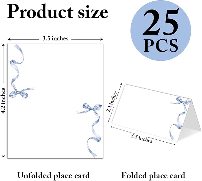 25 Pack Blue Bow Place Cards, Editable Name Cards for Table Setting, Tent Cards Food Label for Dinner Party, Bridal Shower, Wedding, Baby Shower and Events -T27