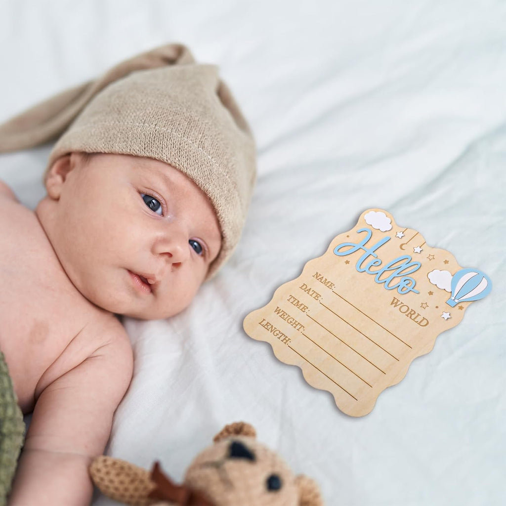 Baby Announcement Sign, Wooden Newborn Birth Plaque, Blue | Natural Wood, Smooth Finish, Write Baby Name and Birth Details, Photo Grop, Nursery Decor, Baby Shower Gift
