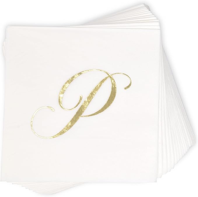 Gift Boutique - 100 Gold Monogram Cocktail Napkins Letter P Disposable Paper Pack Elegant Metallic Golden Foil Hand Napkin for Powder Room Wedding Holiday Birthday Party Baby Shower Decorative Towels