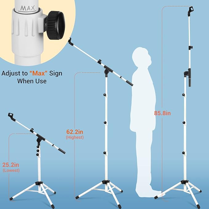CAHAYA Microphone Stand Tripod Boom Arm Floor Mic Stand with Carrying Bag and 2 Mic Clips for Singing Performance Wedding Stage and Mic Mount White