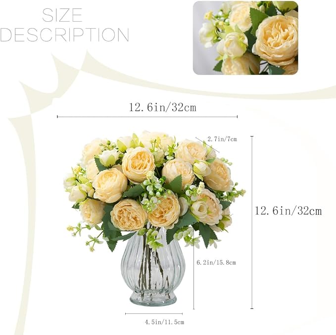 Artificial Peonies Silk Flowers in Glass Vase Faux Flowers Bouquets Modern Penoy Arrangement 4 Pack for Home Decoration Table Centerpiece (Champagne)