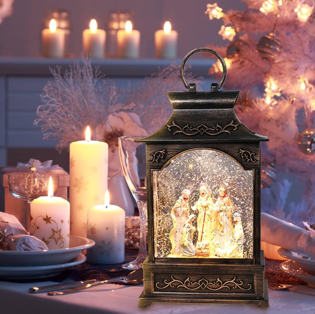 Christmas Snow Globes Musical Lantern Snow Globe Nativity Scene Water Snow Globe Glittering Portable Hanging Tabletop Decorative Lantern Christmas Home Décor and Gift